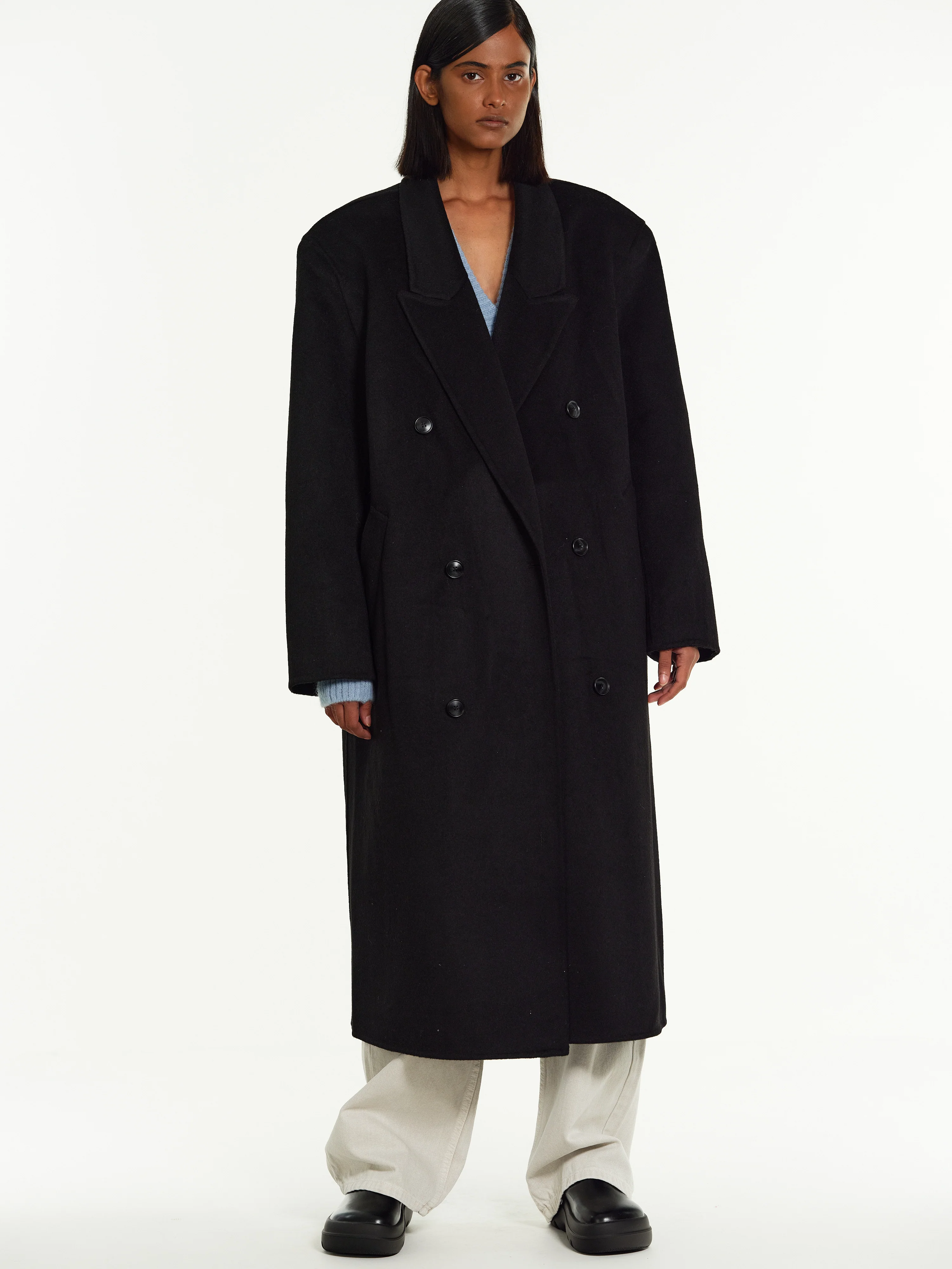 Zvika Padded Shoulder Maxi Coat, Black