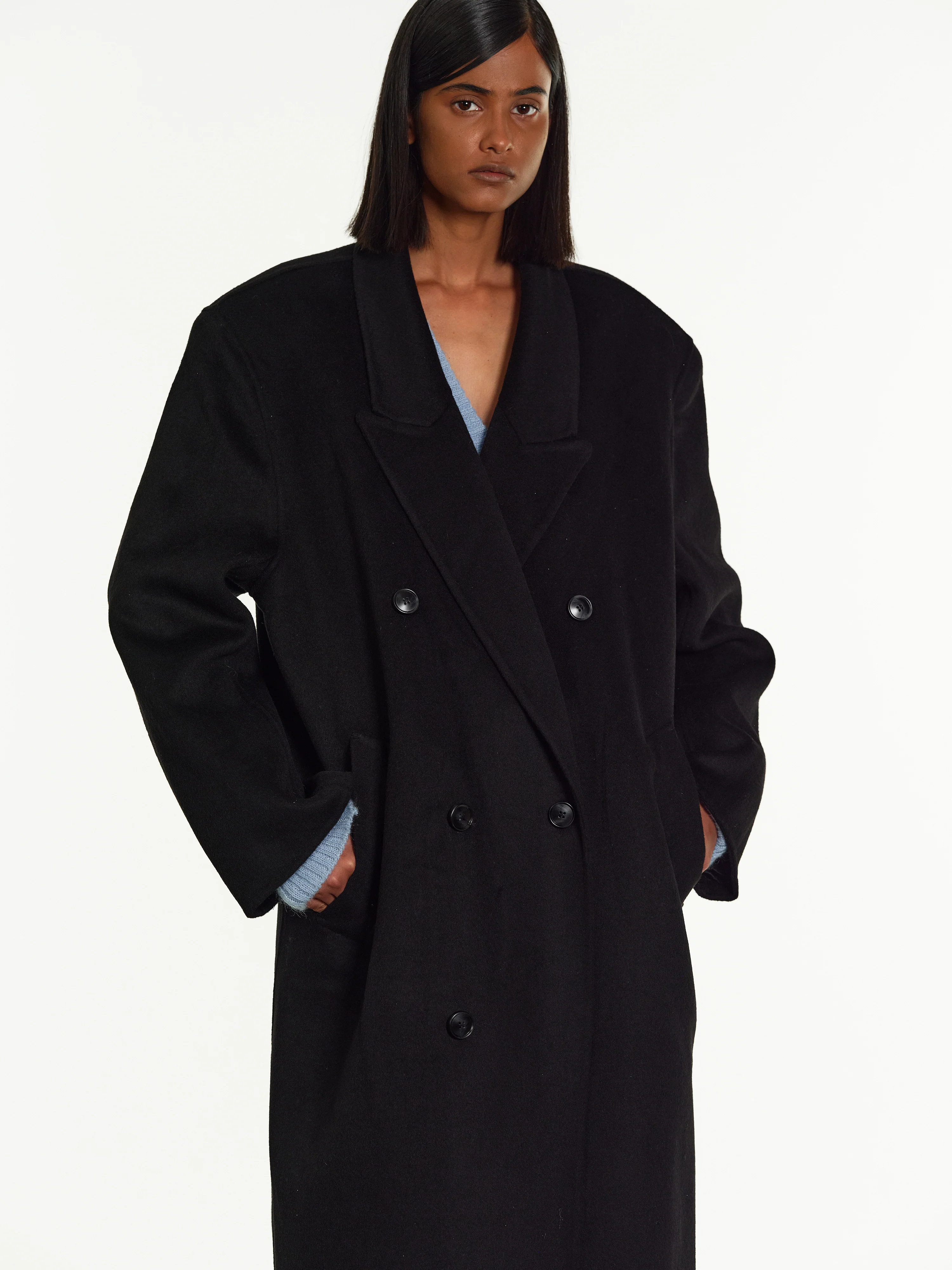 Zvika Padded Shoulder Maxi Coat, Black - Image 2