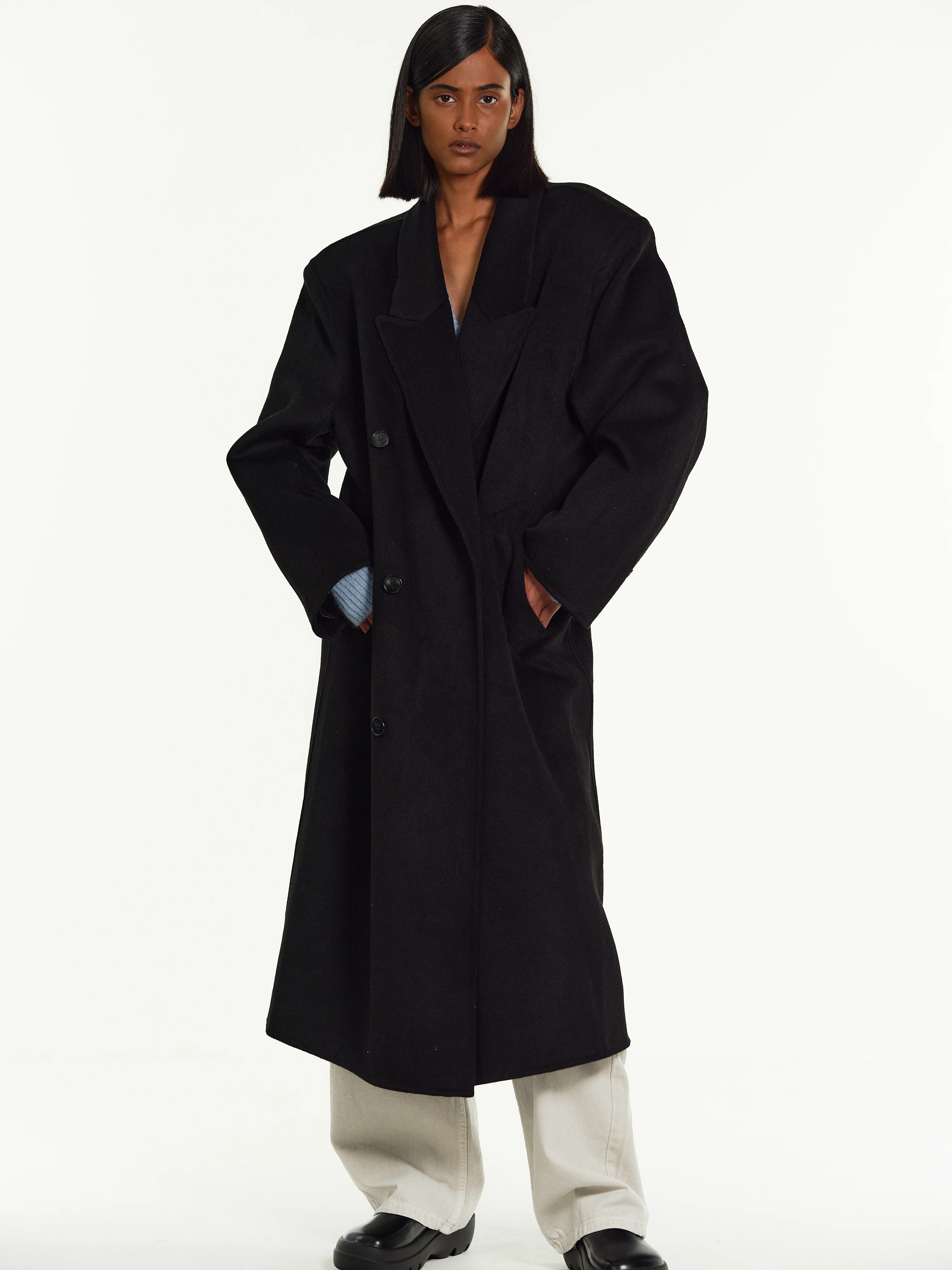 Zvika Padded Shoulder Maxi Coat, Black - Image 3
